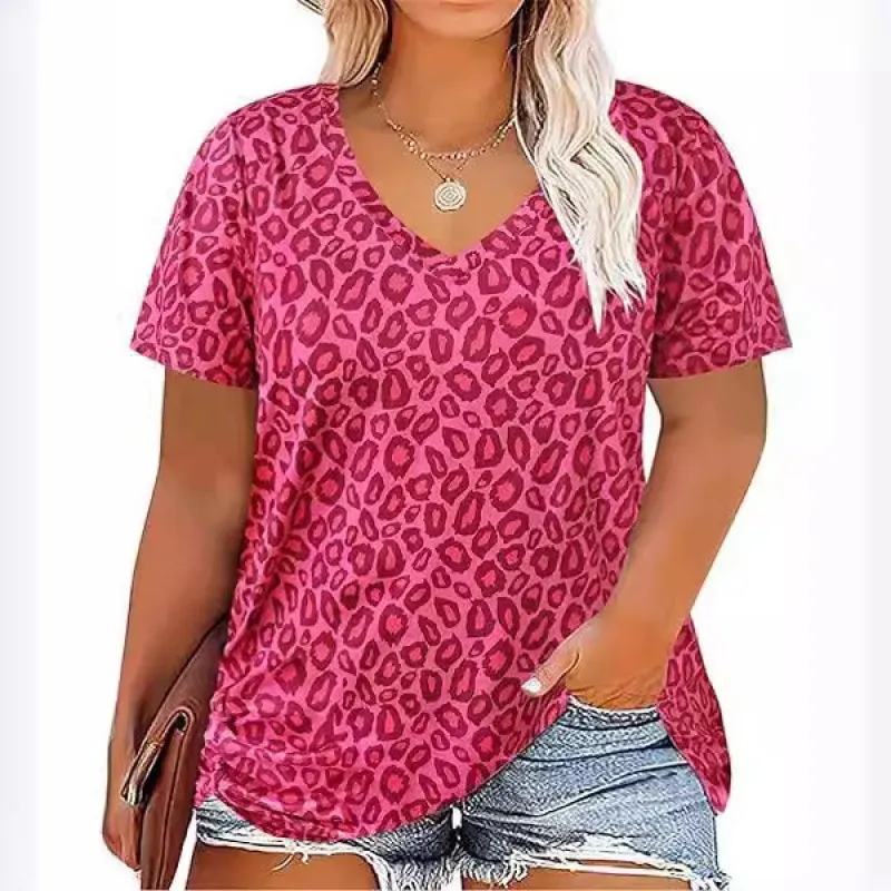 Women Casual Plus Size Printed V-Neck Short-Sleeve T-Shirt - Image 3