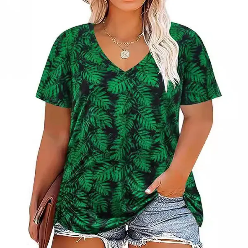 Women Casual Plus Size Printed V-Neck Short-Sleeve T-Shirt - Image 4