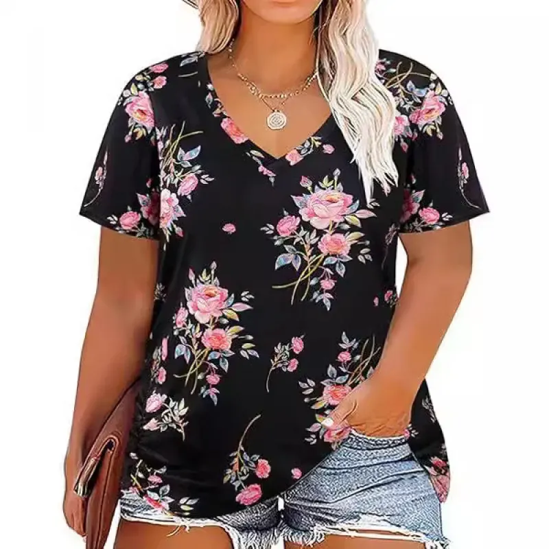 Women Casual Plus Size Printed V-Neck Short-Sleeve T-Shirt - Image 5