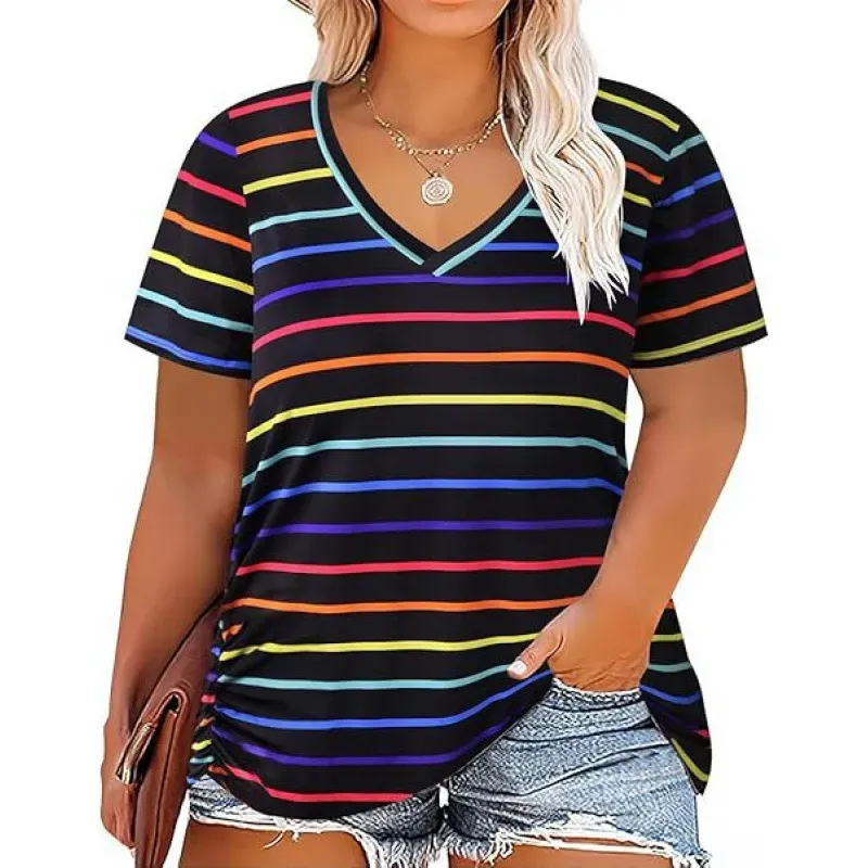 Women Casual Plus Size Printed V-Neck Short-Sleeve T-Shirt - Image 6