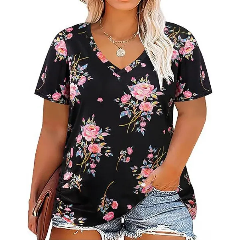 Women Casual Plus Size Printed V-Neck Short-Sleeve T-Shirt - Image 13