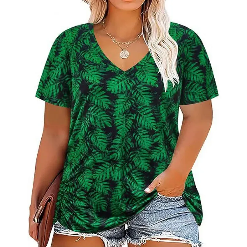 Women Casual Plus Size Printed V-Neck Short-Sleeve T-Shirt - Image 14
