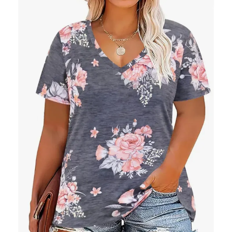 Women Casual Plus Size Printed V-Neck Short-Sleeve T-Shirt - Image 18