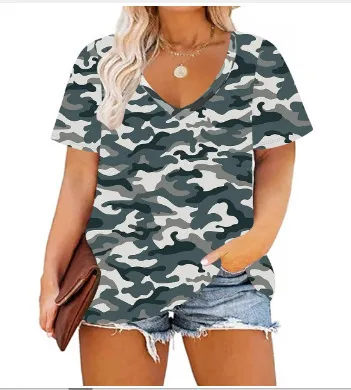 Women Casual Plus Size Printed V-Neck Short-Sleeve T-Shirt - Image 27