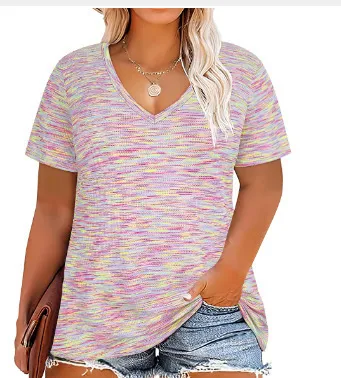 Women Casual Plus Size Printed V-Neck Short-Sleeve T-Shirt - Image 35