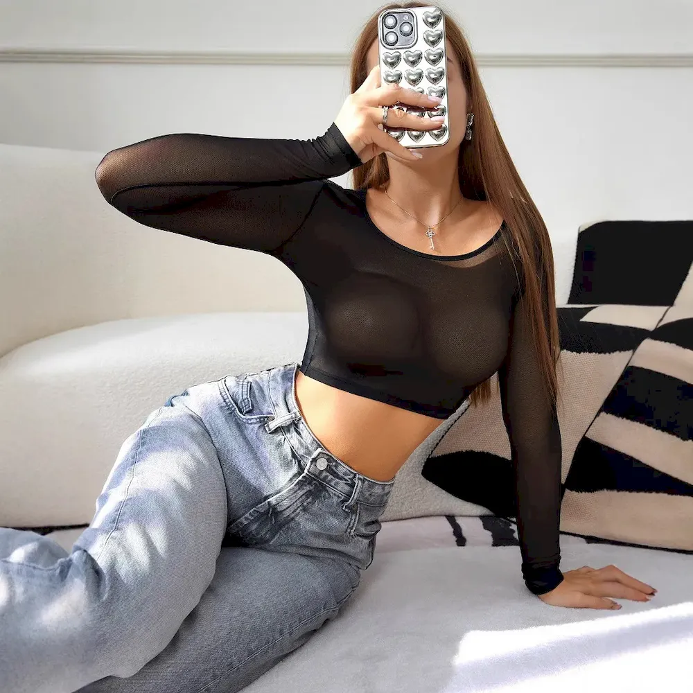 Women Sexy See-Through Slim-Fit Long-Sleeved Mesh Crop Top - Image 4