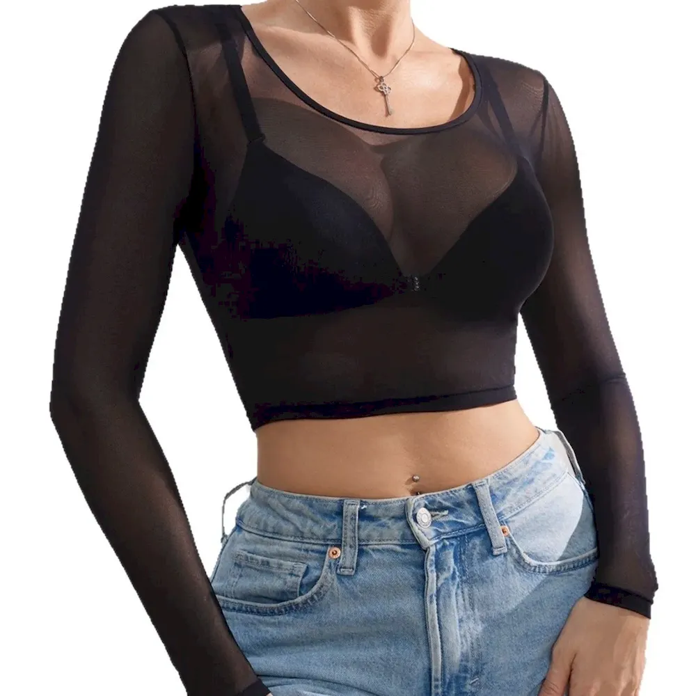Women Sexy See-Through Slim-Fit Long-Sleeved Mesh Crop Top - Image 5