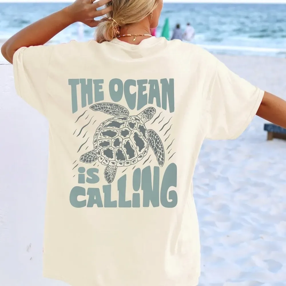 Women Fashion Casual Letter And Turtle Printed Round Neck Short-Sleeve T-Shirt - Image 3