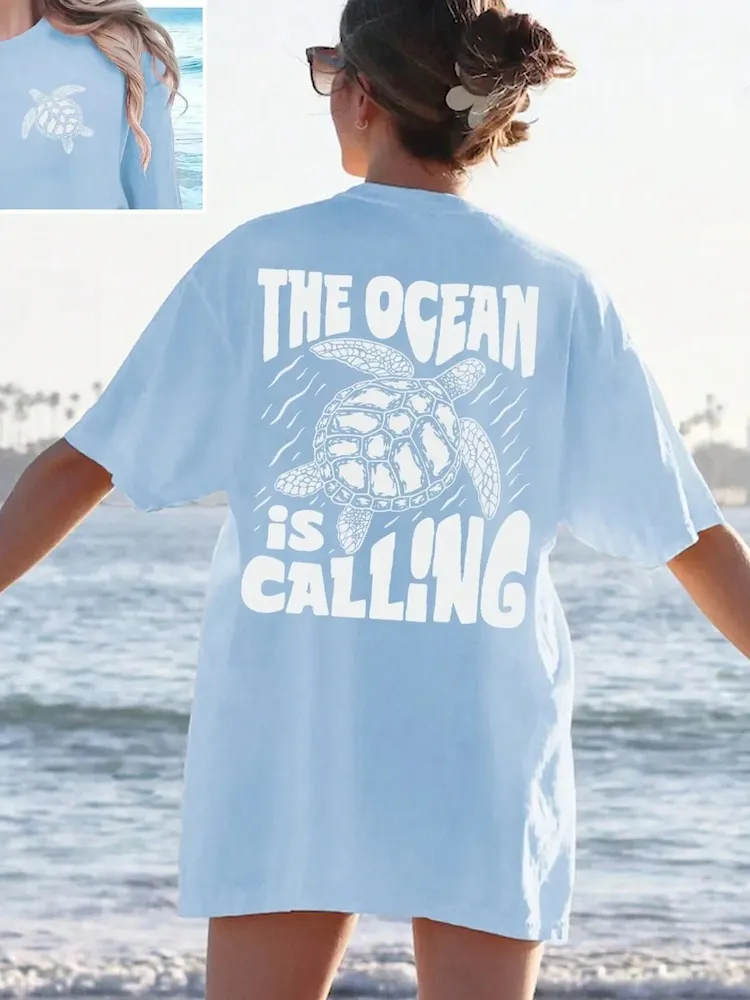 Women Fashion Casual Letter And Turtle Printed Round Neck Short-Sleeve T-Shirt - Image 11