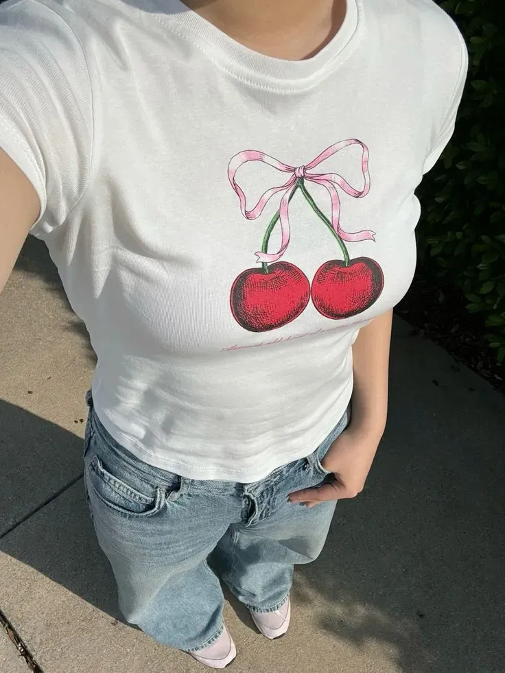 Women Fashion Casual Cherry Printed Round-Neck Short-Sleeve T-Shirt - Image 3