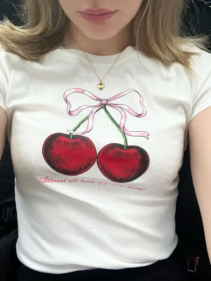 Women Fashion Casual Cherry Printed Round-Neck Short-Sleeve T-Shirt - Image 5
