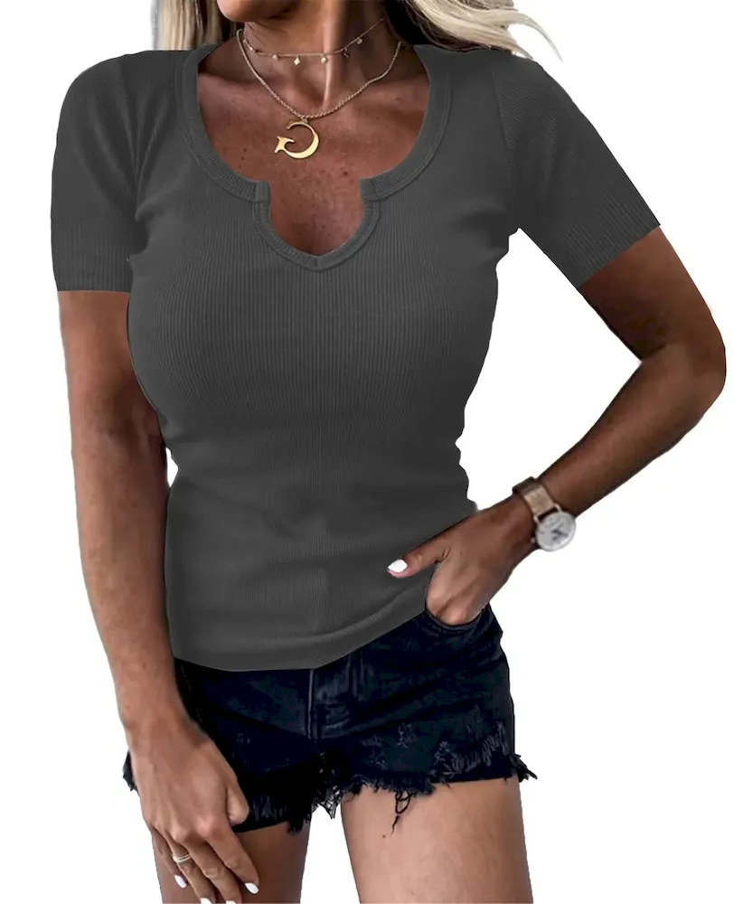 Women Fashion Casual Solid Color Thread Deep U Neck Short-Sleeve T-Shirt - Image 5