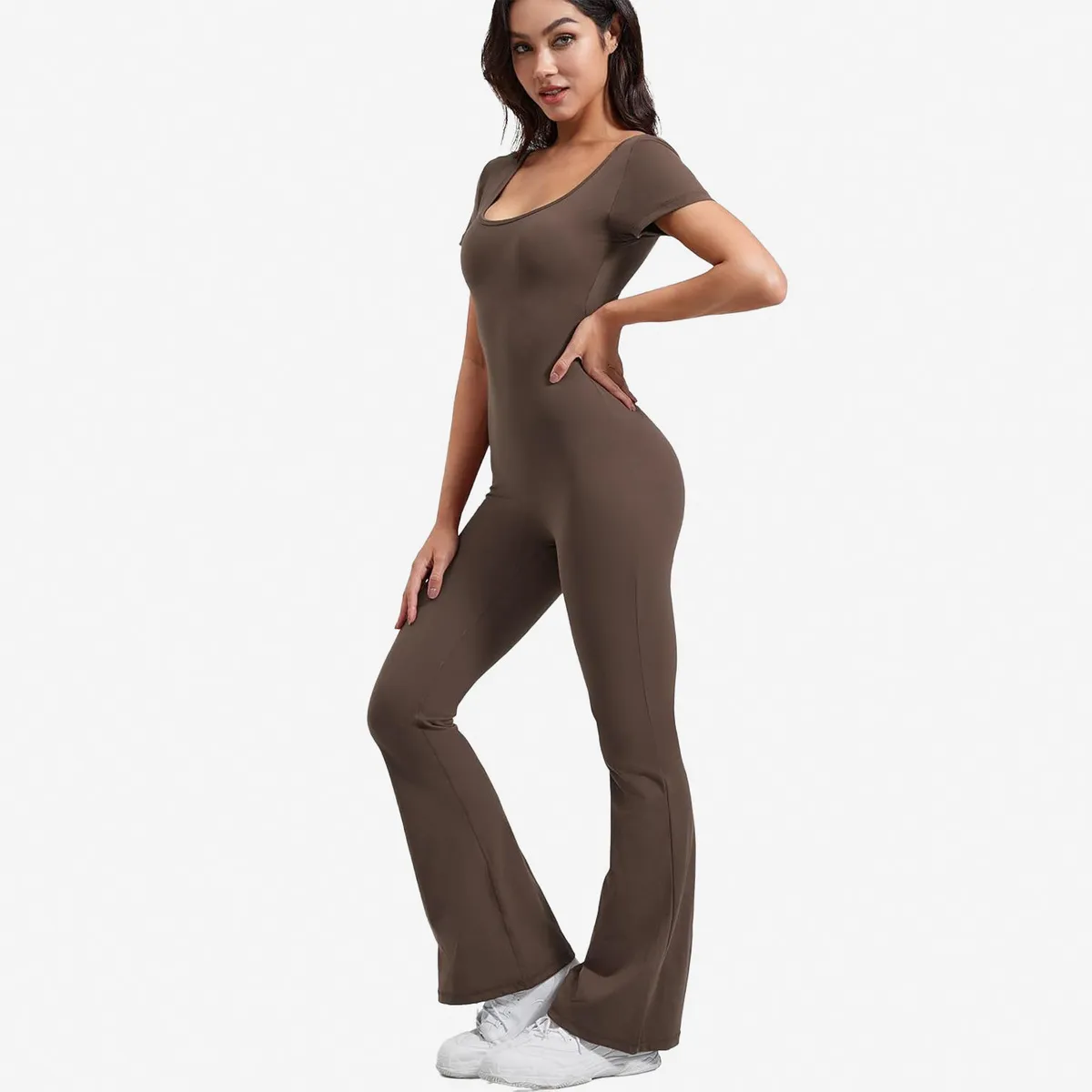 Women Fashion Casual Solid Color Square Neck Short-Sleeve Backless Yoga Sports Jumpsuits - Image 7