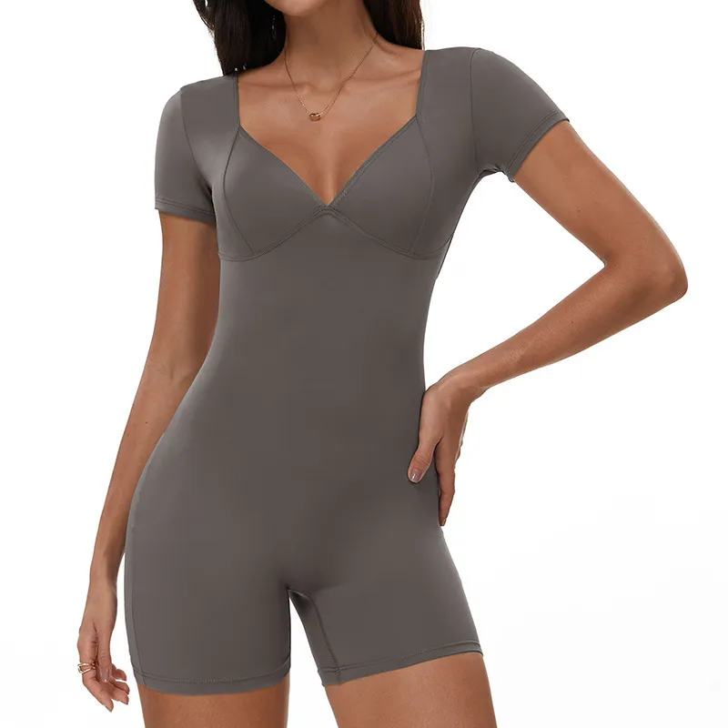 Women Fashion Solid Color V-Neck Short-Sleeve Backless Yoga Sports Rompers - Image 3
