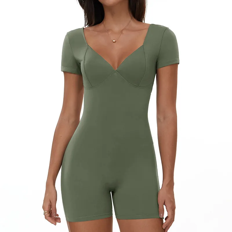 Women Fashion Solid Color V-Neck Short-Sleeve Backless Yoga Sports Rompers - Image 10