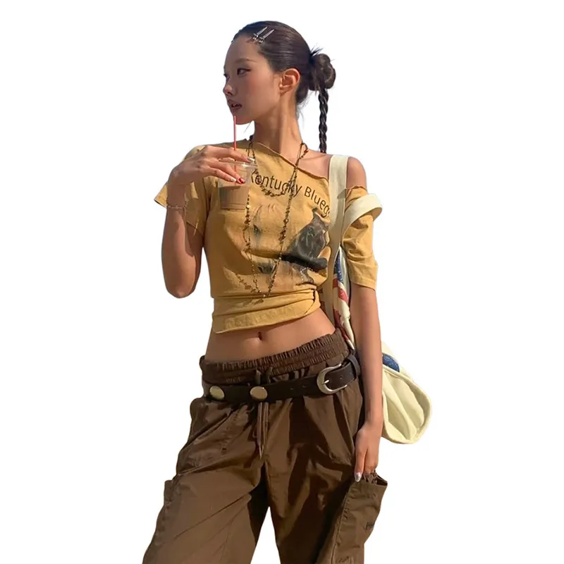 Women Summer Street Fashion Letter Printed Short-Sleeved Slant Collar T-Shirt - Image 5