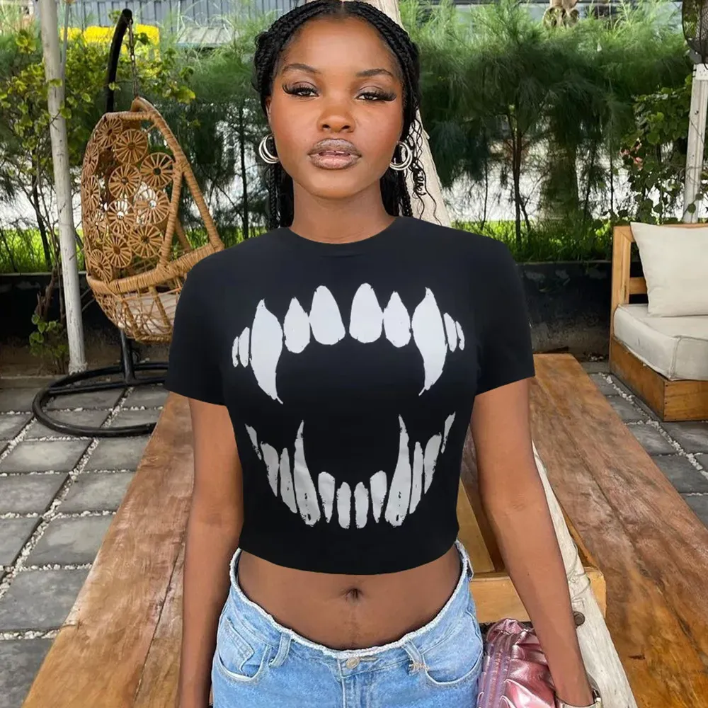 Women Fashion Summer Round Neck Printed Short-Sleeved Cropped Top T-Shirt