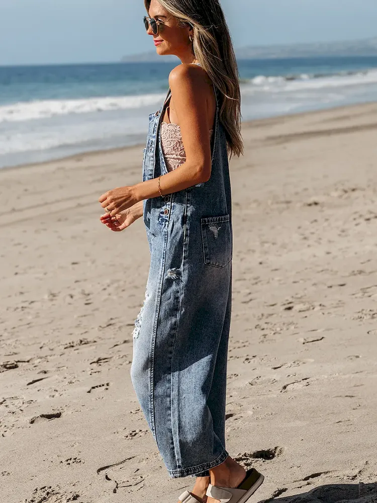 Autumn Solid Color Denim Strap Ripped Cropped Jumpsuits - Image 5