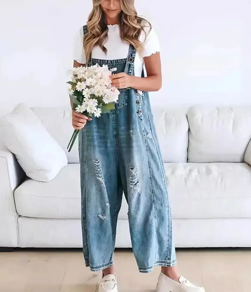 Women Fashion Retro Casual Ripped Loose Wide Leg Denim Jumpsuits - Image 2