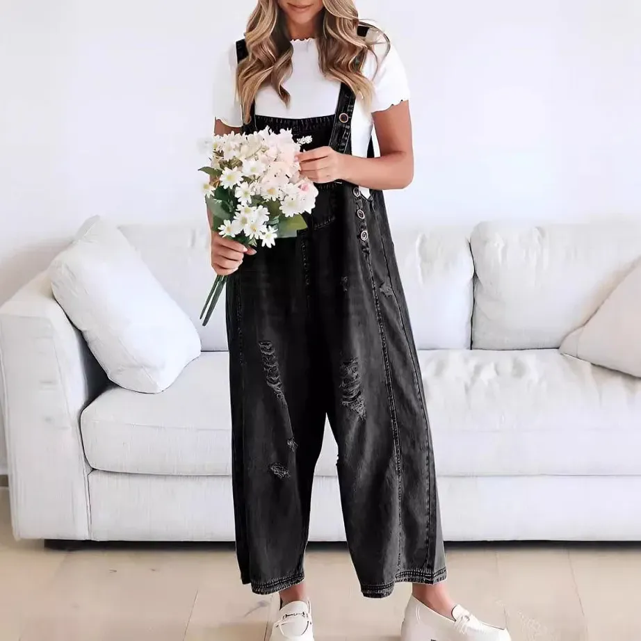 Women Fashion Retro Casual Ripped Loose Wide Leg Denim Jumpsuits - Image 5