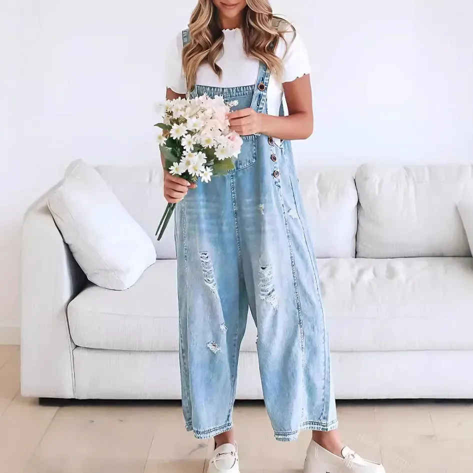 Women Fashion Retro Casual Ripped Loose Wide Leg Denim Jumpsuits - Image 6