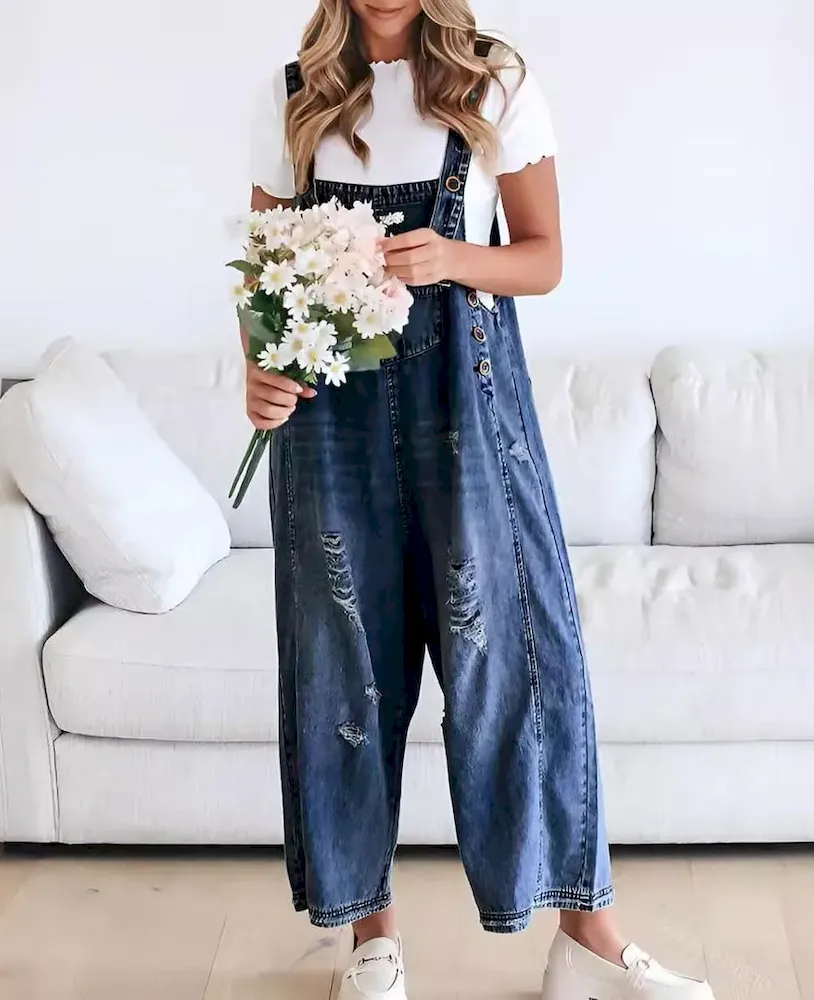 Women Fashion Retro Casual Ripped Loose Wide Leg Denim Jumpsuits - Image 7
