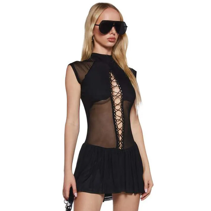 Women Fashion Lace-Up Hollow-Out Stitching Mesh Dress - Image 7