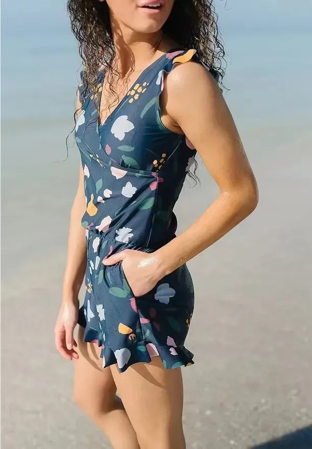 Women Fashion Sexy Plus Size Printed V-Neck Edge Curl Sleeveless Rompers - Image 12