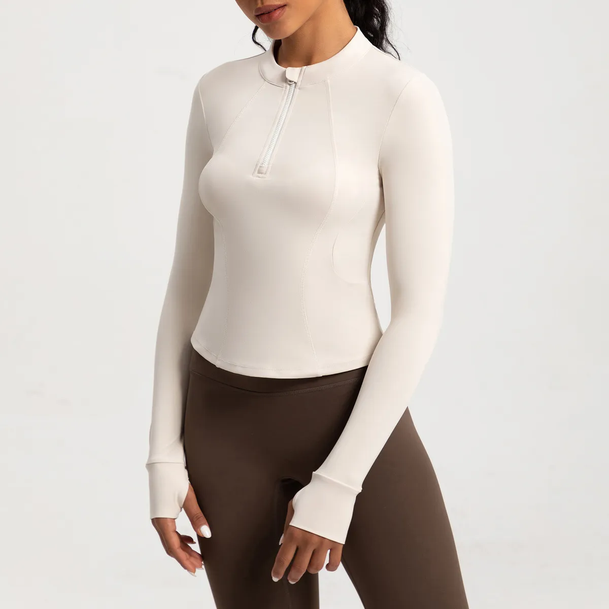 Women Fashion Solid Color Long-Sleeve Half-Zipper Tight Yoga Sports Top - Image 6