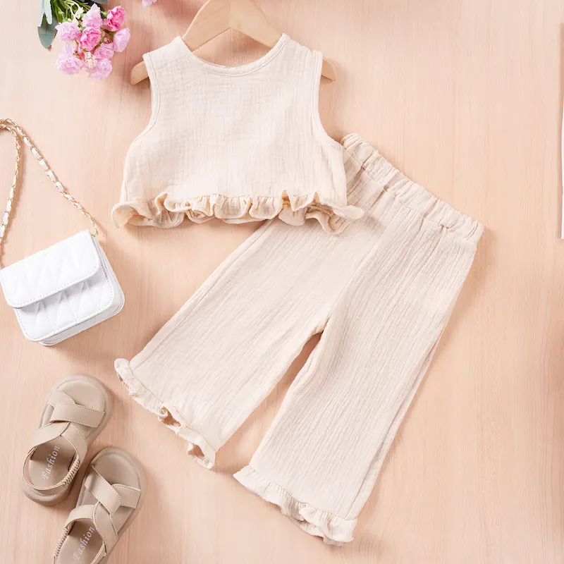 Wholesale Girl'S Fashionable Two-Piece Sleeveless Ruffled Top And Wide-Leg Pants Set
