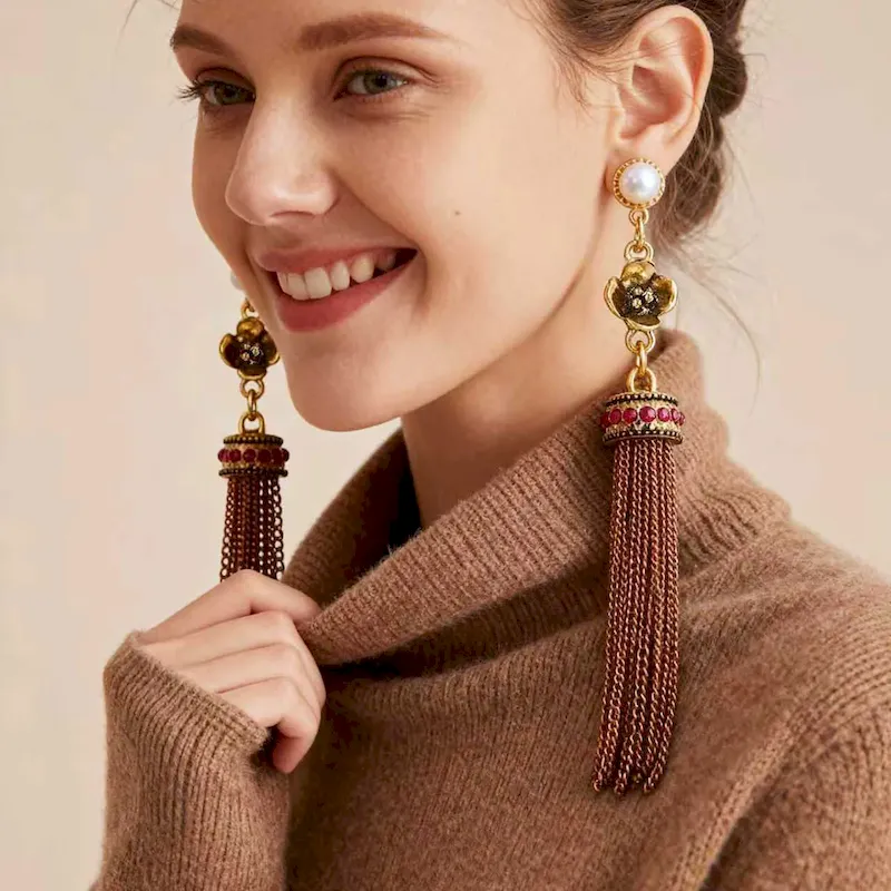 Wholesale Women Fashion Retro Boho Tassel Chain Inlaid Zircon Earrings