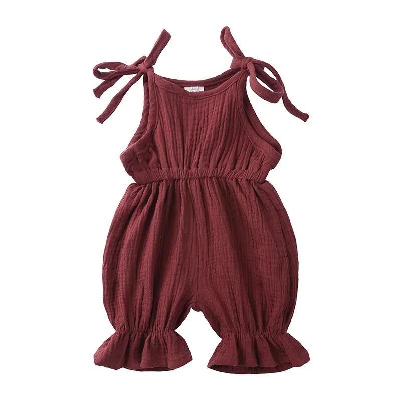 Wholesale Baby Girls Crease Solid Color Lace-up Romper - Image 3