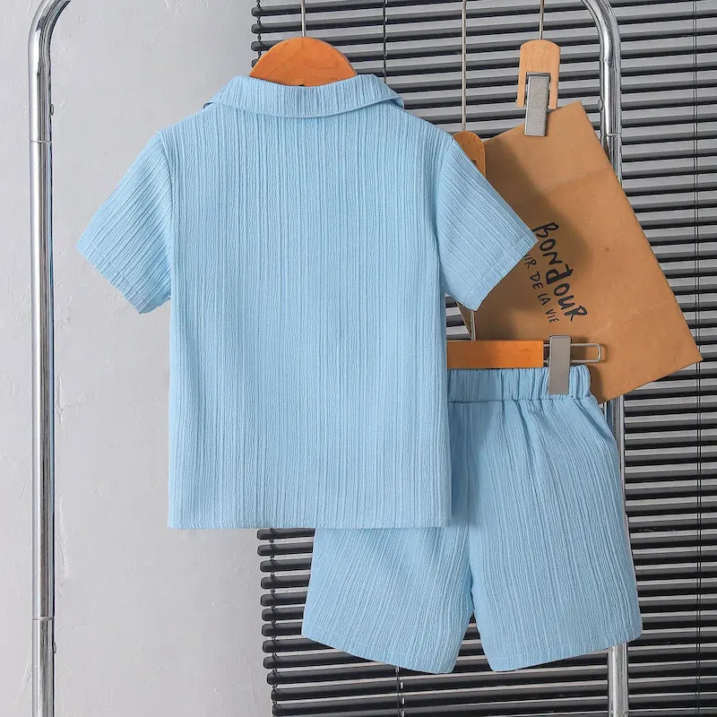 Wholesale Boys Fashion Solid Color Short Sleeve Shirt And Shorts Two-Piece Handsome - Image 2