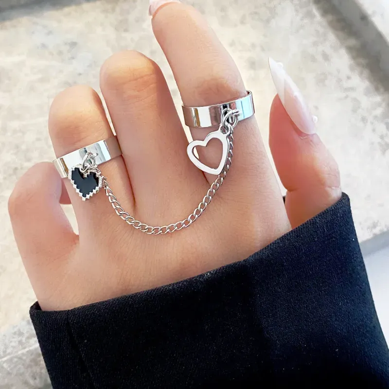 Wholesale Women Fashion 2pcs/Set Valentine'S Day Heart Metal Chain Ring