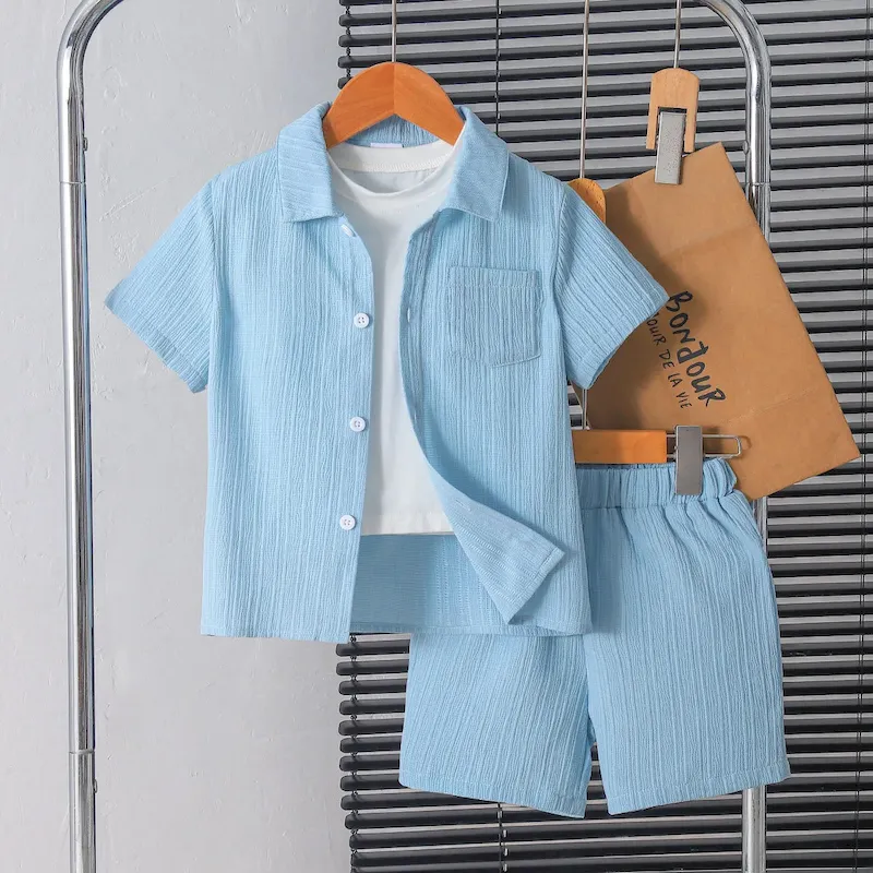 Wholesale Boys Fashion Solid Color Short Sleeve Shirt And Shorts Two-Piece Handsome - Image 6
