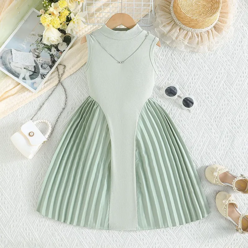 Wholesale Kids Girl'S Fashion Elegant Solid Color Pleated Stitching Sleeveless Dress - Image 3