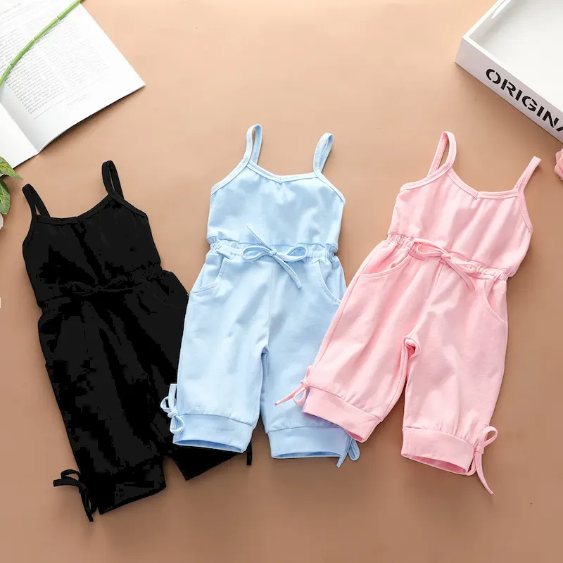 Wholesale Kids Baby Girls' Fashion Casual Solid Color Cotton Sleeveless Lace-Up Jumpsuit
