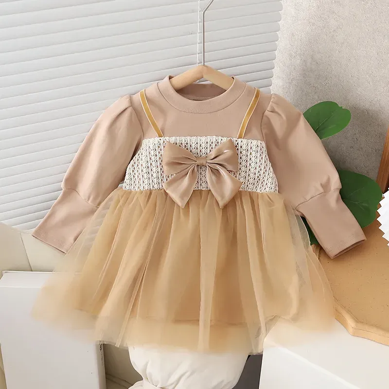 Wholesale Girls Fashion Bow Mesh Long Sleeve Dress