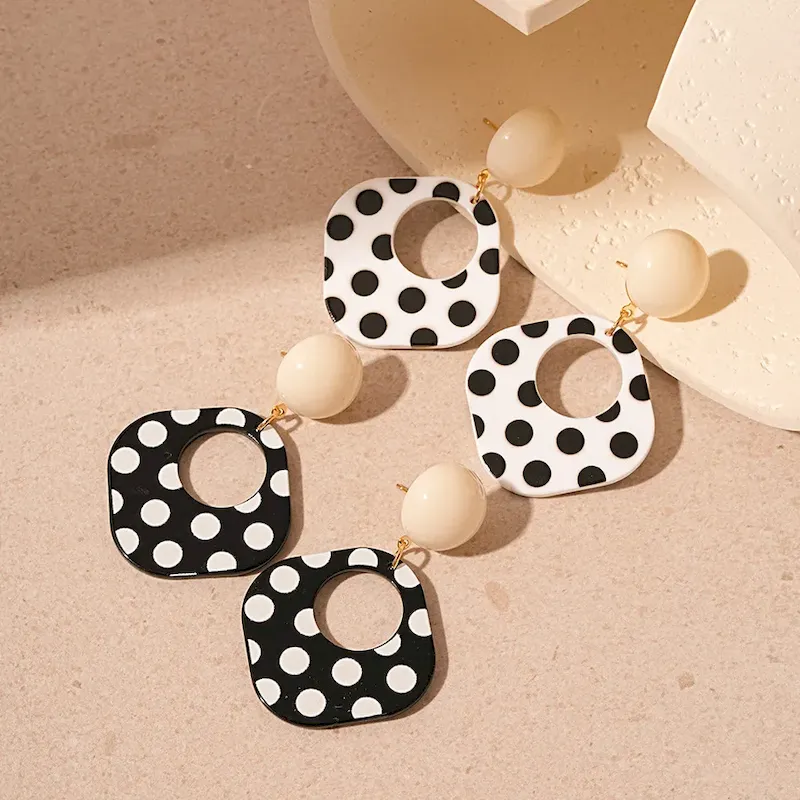 Wholesale Vintage Acrylic Black White Wave Dot Square Geometric Earrings - Image 4