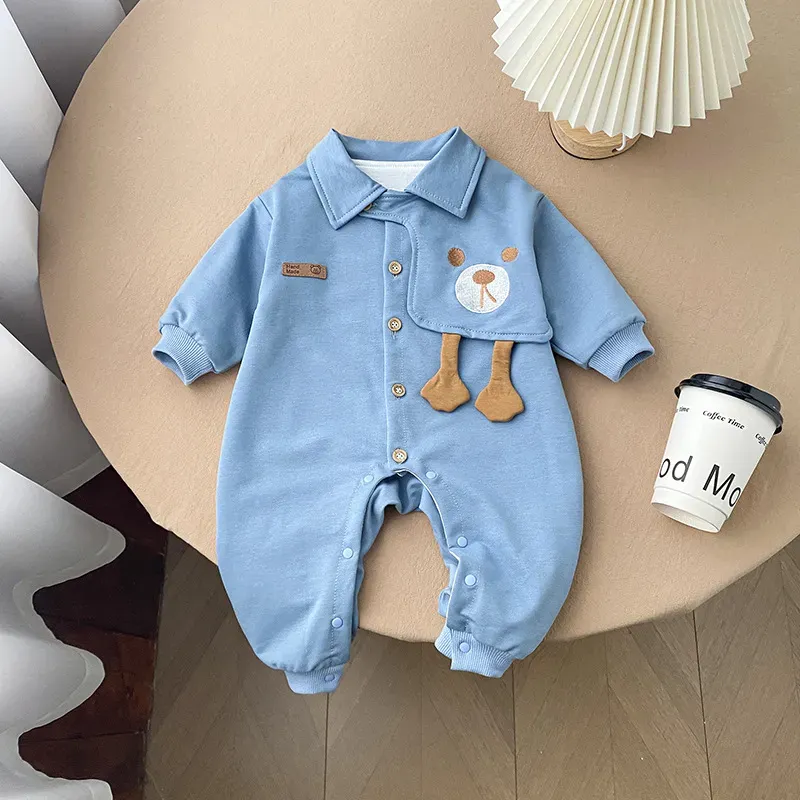 Wholesale Baby Boy Long Sleeve Handsome Cartoon Bear Rompers - Image 6