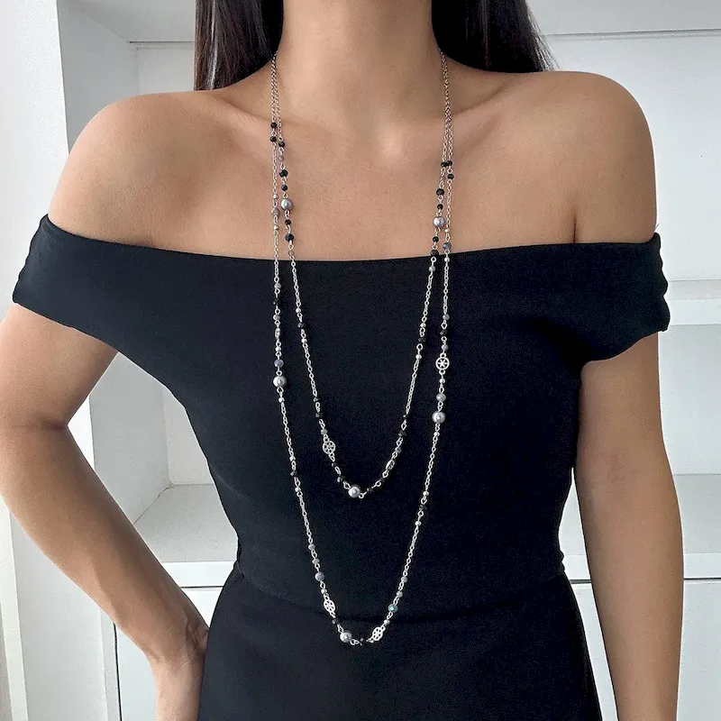 Wholesale Women Fashion Retro Imitation Pearl Tassel Chain Stacked Long Necklace Set