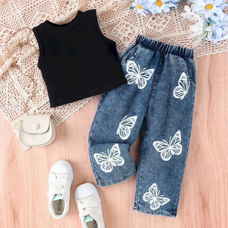 Wholesale Girl'S Fashion Printed Sleeveless Vest And Jeans Two-Piece Set