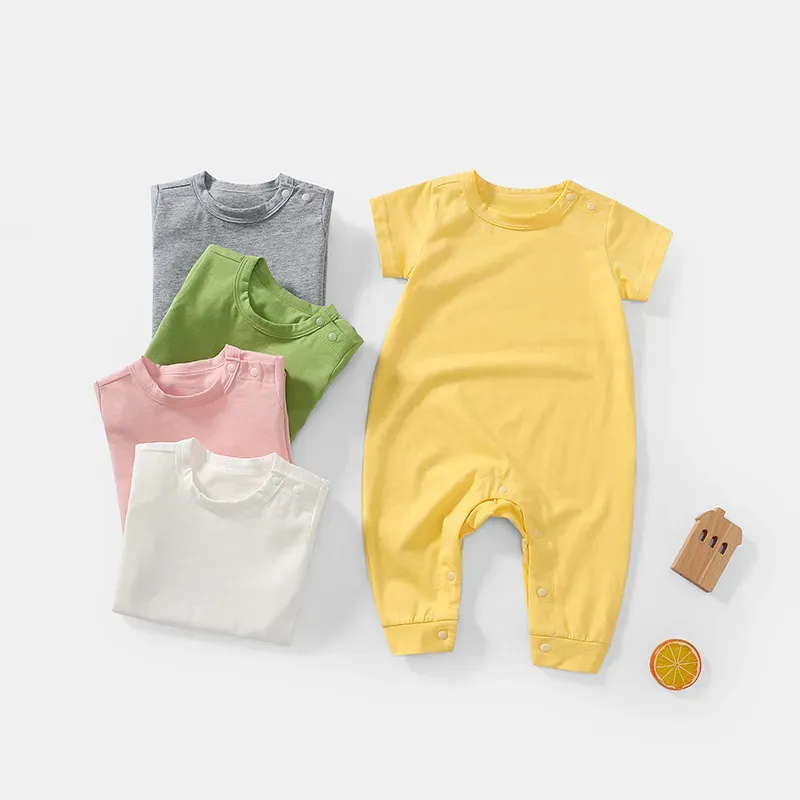 Wholesale Kids Baby Boys Girls Casual Cute Solid Color Short Sleeve Round Neck Romper - Image 3