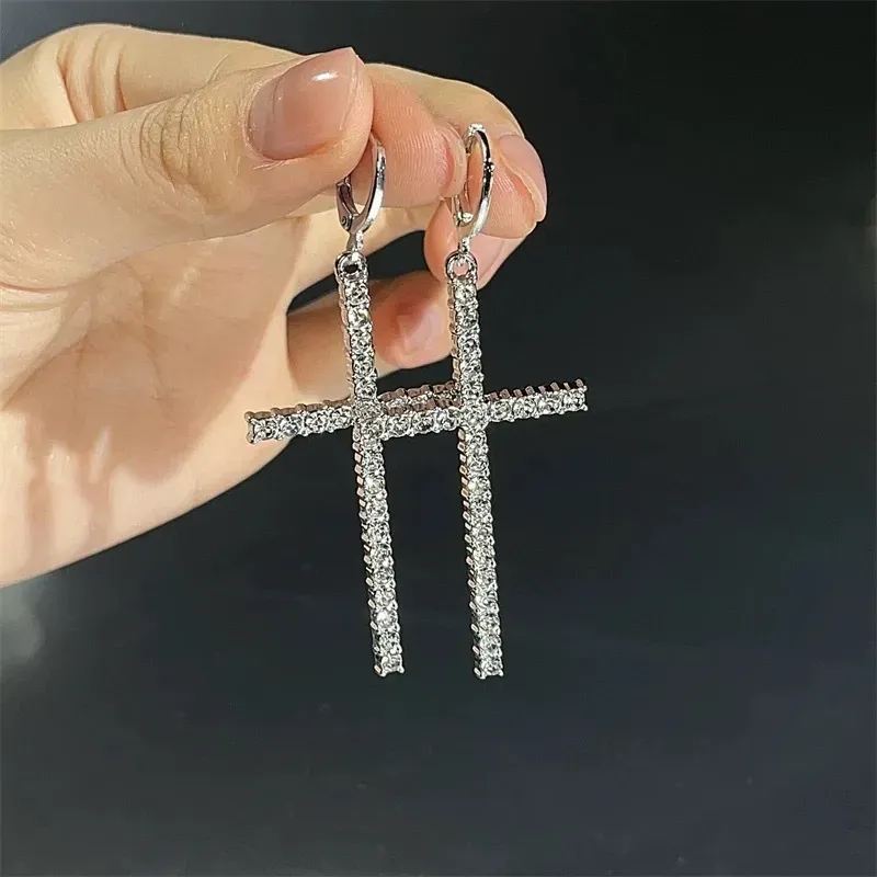 Wholesale Women Fashion Simple Large Cross Rhinestone Earrings - Image 3