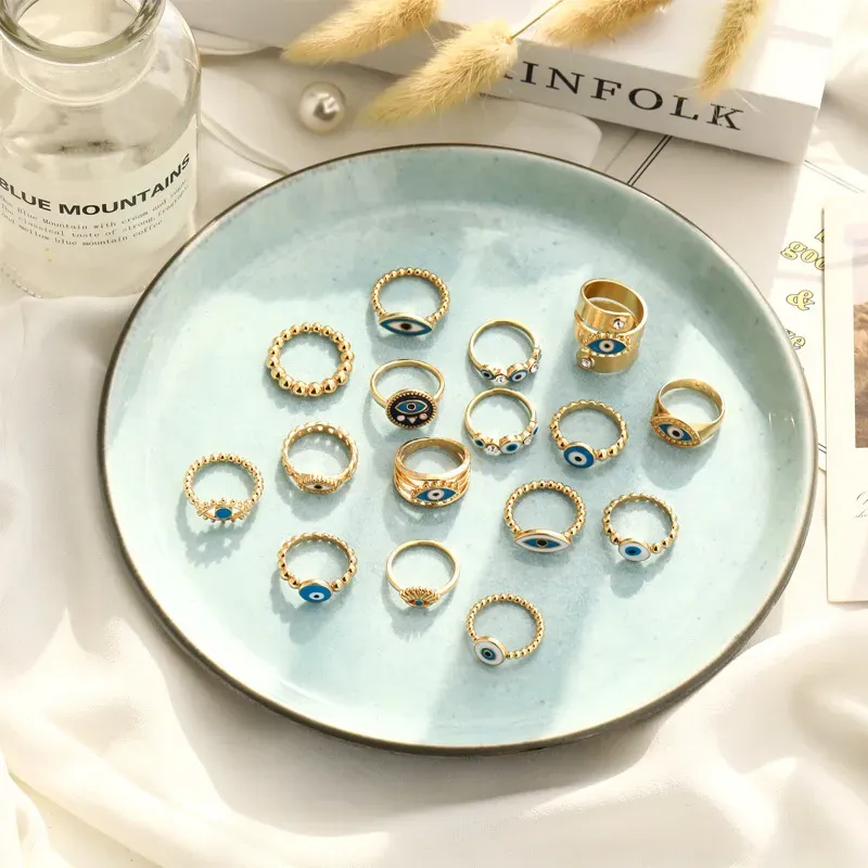 Wholesale Women Fashion Oil Painting Gold Plated Devil Eye Ring - Image 3